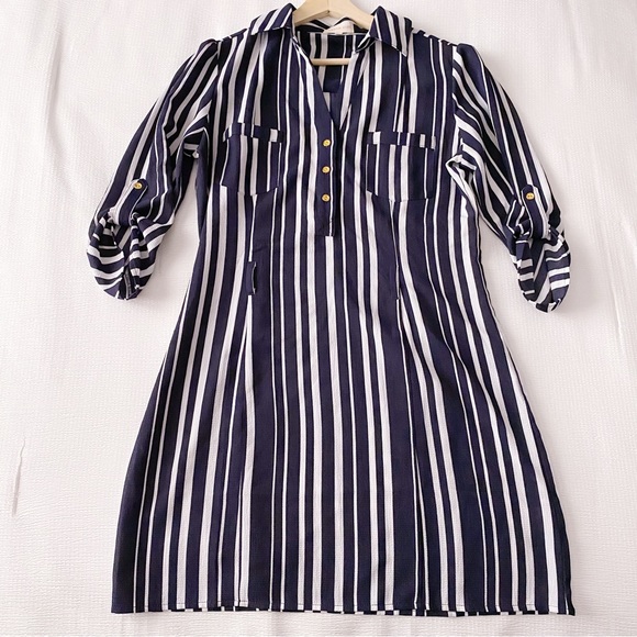 Navy Blue + White Vertical Stripe Shirtdress with Gold Buttons - Picture 2 of 11